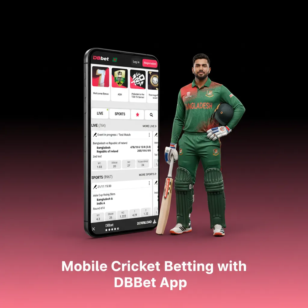 Smartphones with DBBet cricket betting app showing pre‑match and live odds, bet slip, cash out, BDT deposits in Bangladesh.